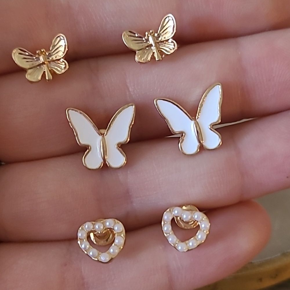 3 Pair Golden Pearl Studs Set Heart & Butterfly Earrings